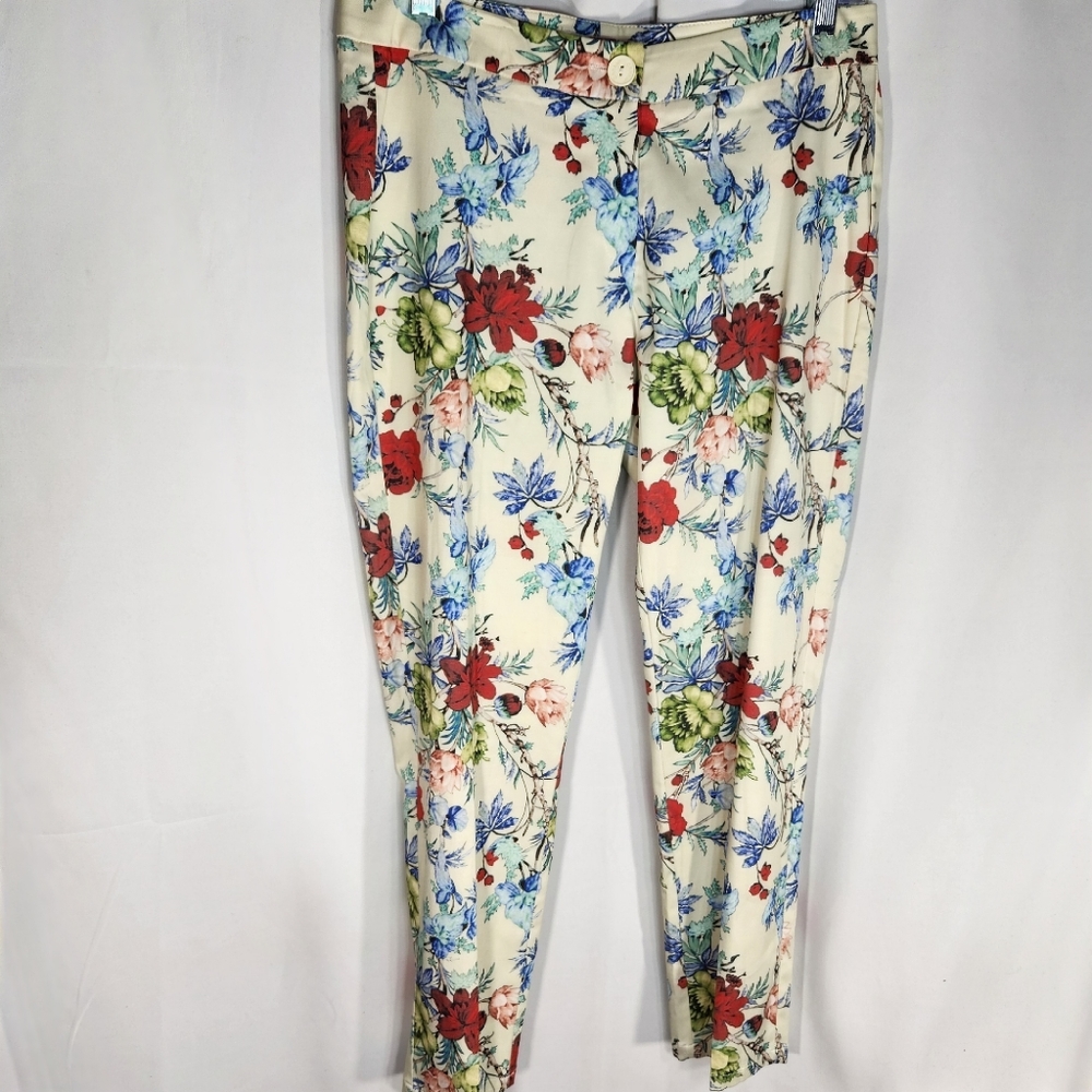 Aida Off White w Multicolored Floral Print Straight Leg Pants Size 10